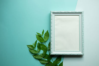 Close-up of fresh leaves with blank picture frame on table