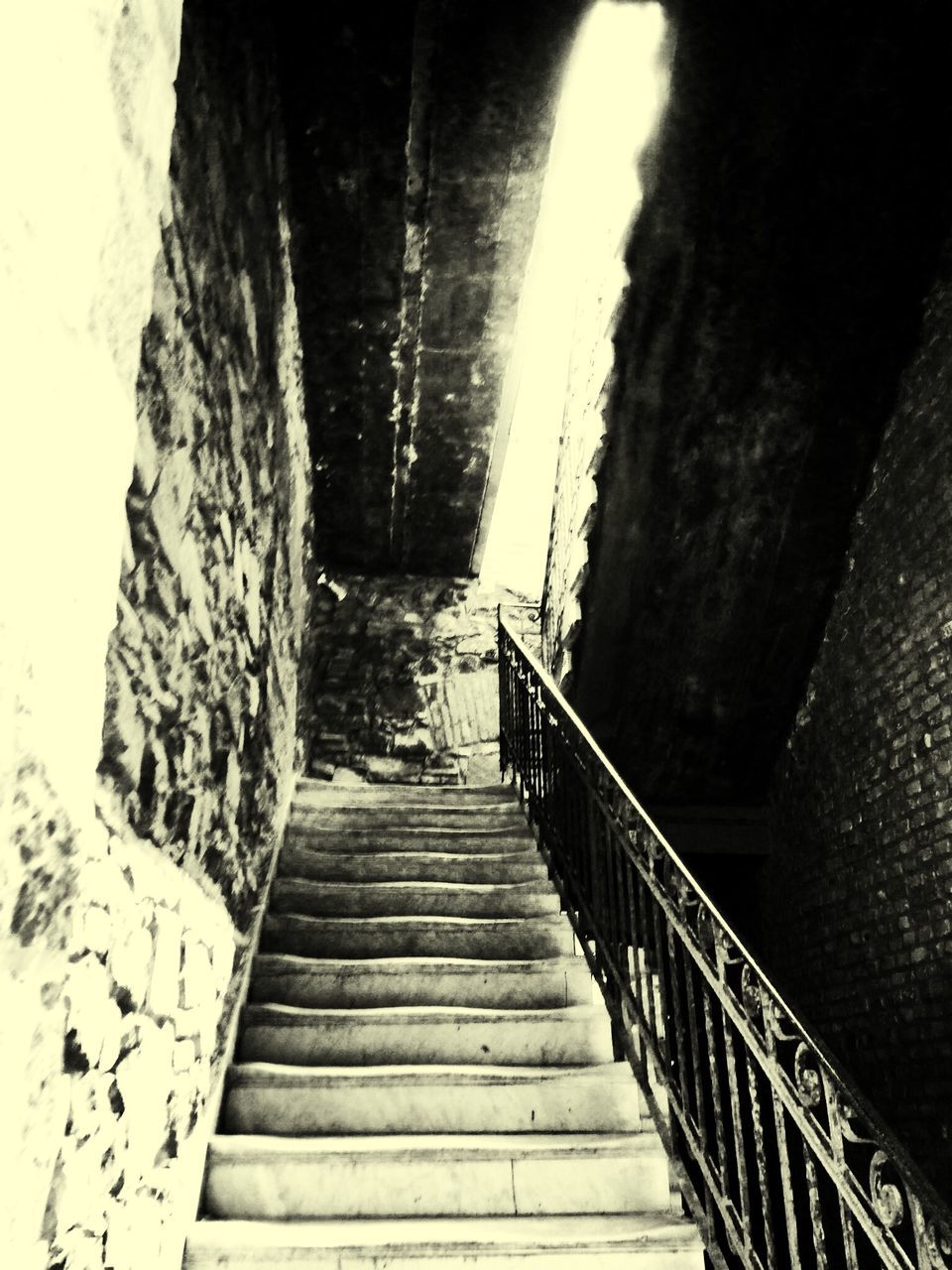 the way forward, steps, steps and staircases, staircase, railing, built structure, architecture, narrow, stairs, diminishing perspective, wall - building feature, tunnel, footbridge, indoors, vanishing point, leading, no people, day, walkway, bridge - man made structure