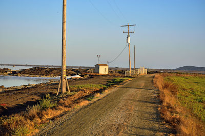 Dirt road amidst land against clear sky