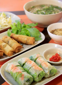 High angle view of meal served on table