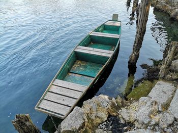 High angle view of abandoned boat in lake