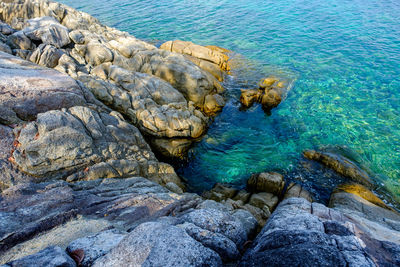 High angle view of rocks in sea