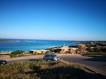 Scenic view of sea against clear blue sky