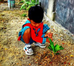 High angle view of boy playing