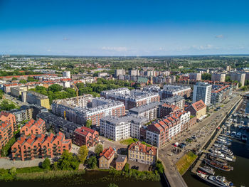 High angle view of townscape against the sky, aerial view of the new apartments in gdansk, poland