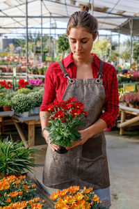 Young female gardener in checked red shirt and grey overall standing among green plants and holding in hands red margarita flowers while working in greenhouse