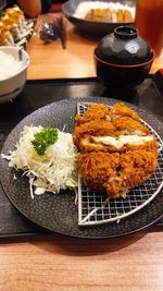 High angle view of food in plate on table